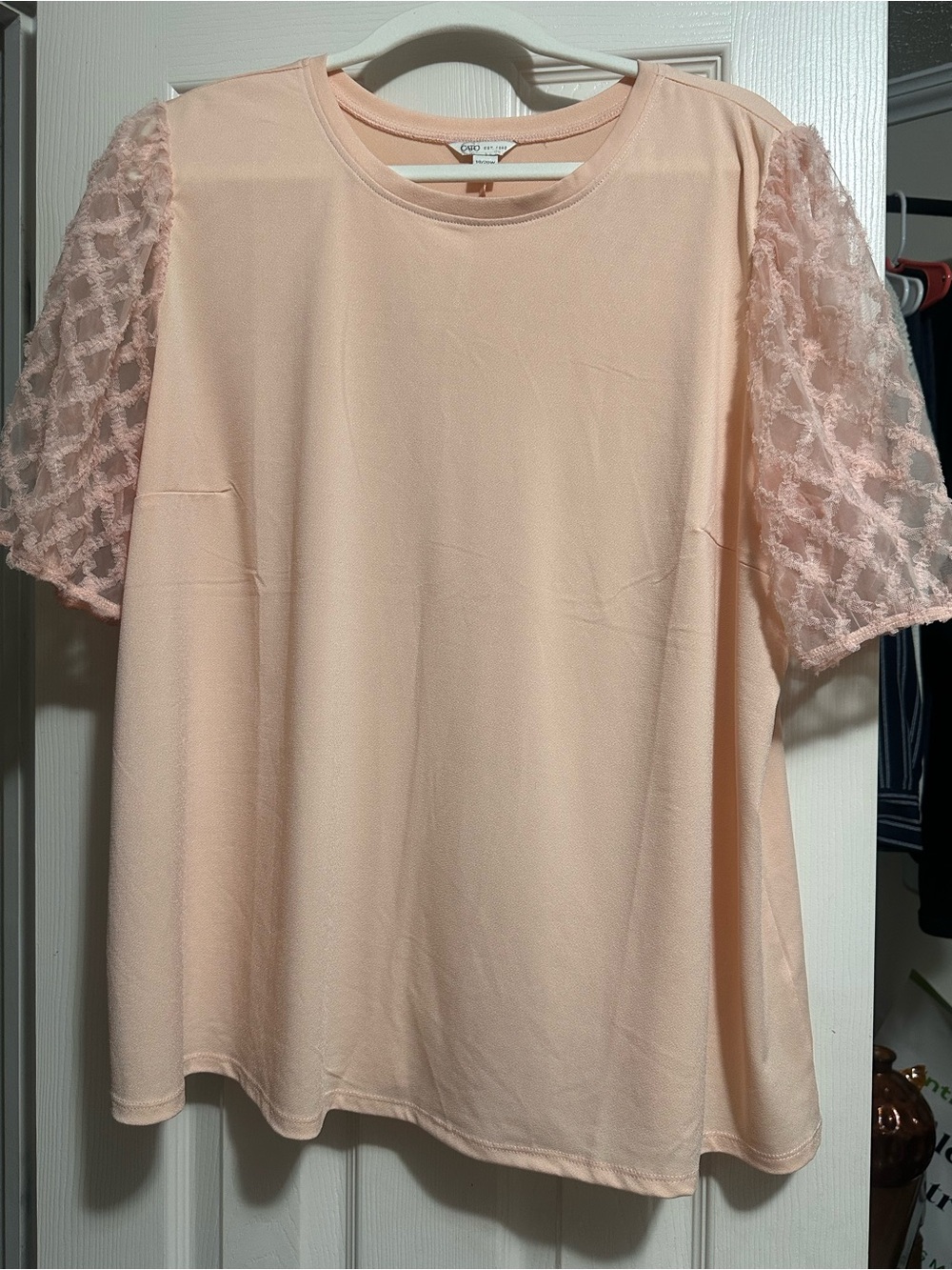 Cato Peach Knit Top with Lace Puff Sleeves